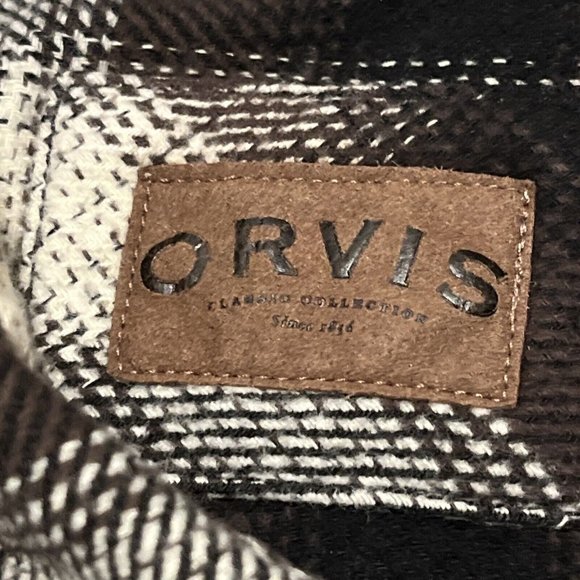 Men's Orvis Button Up Plaid Flannel Shirt LARGE Brown Black Pockets Shacket - Picture 5 of 12